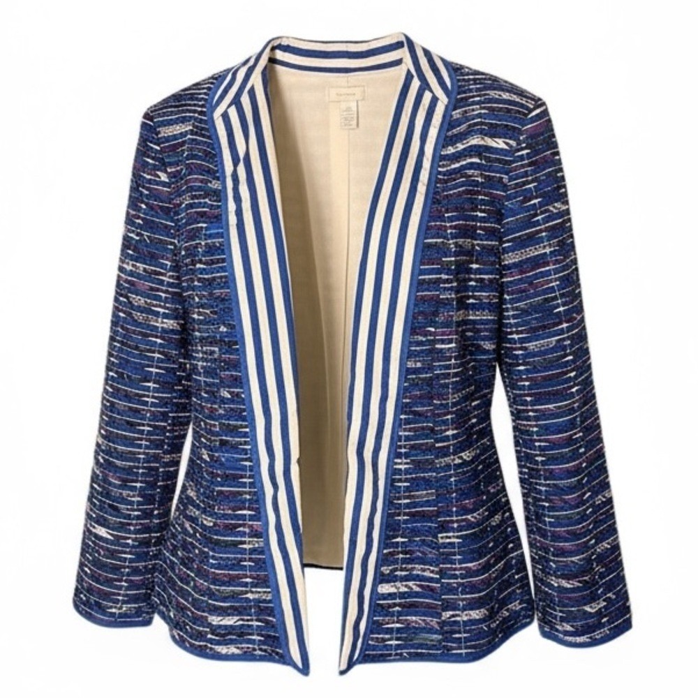 Chico's Quilted Tapestry Jacket size 2 L Large 12 Blue Open Front Mixed Print